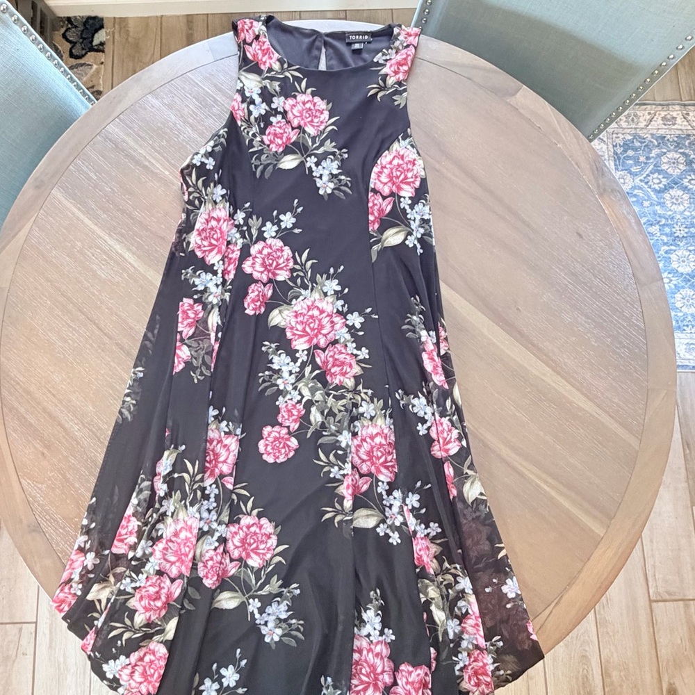 Floral Fit & Flare Dress – Black with Pink Rose Print, Sleeveless, Stretch Knit